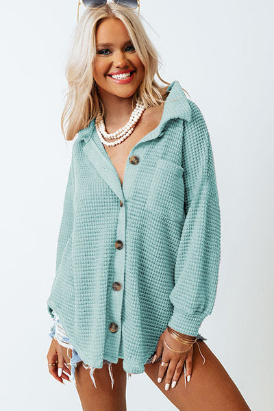 Waffle-Knit Collared Neck Long Sleeve Shirt