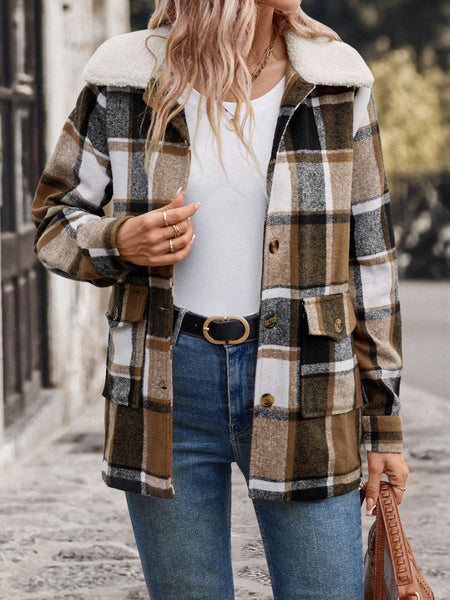 Pocketed Plaid Button Up Collared Neck Jacket