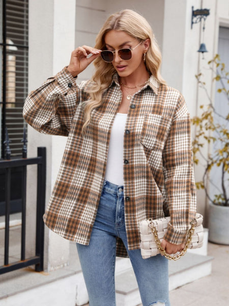 Mandy Pocketed Plaid Collared Neck Long Sleeve Shirt