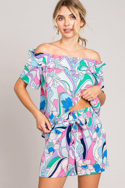 Abstracted Print Tie Front Shorts