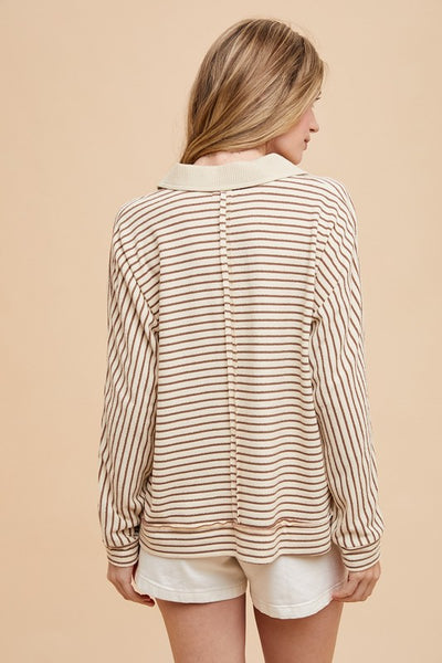 Striped Button Detail Long Sleeve Polo Top