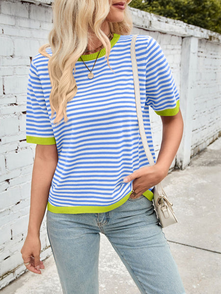 Striped Contrast Round Neck Half Sleeve Knit Top