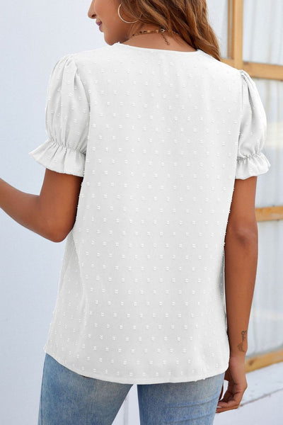 Dot Lace Detail V-Neck Short Sleeve Blouse