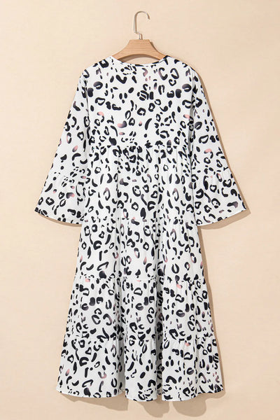 Tiered Leopard Notched Three-Quarter Sleeve Dress