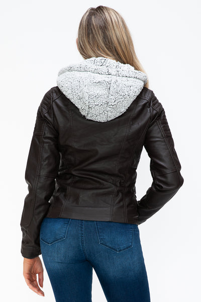 Removable Faux Layered Multi-Pocket Jacket with Fuzzy Hood