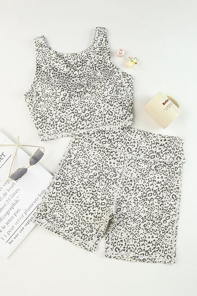 Leopard Round Neck Wide Strap Top and Shorts Set