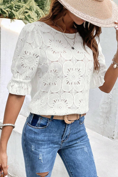 Round Neck Flounce Sleeve Blouse