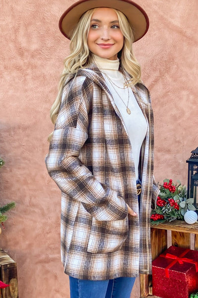 Plaid Open Front Hooded Shacket