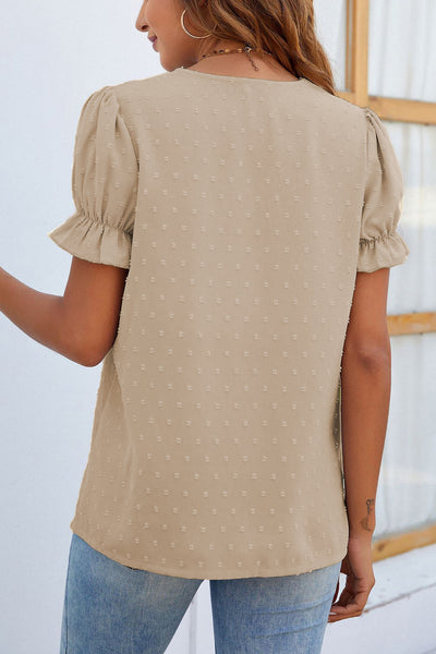 Dot Lace Detail V-Neck Short Sleeve Blouse