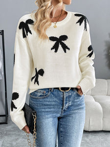 Bow Graphic Round Neck Long Sleeve Sweater