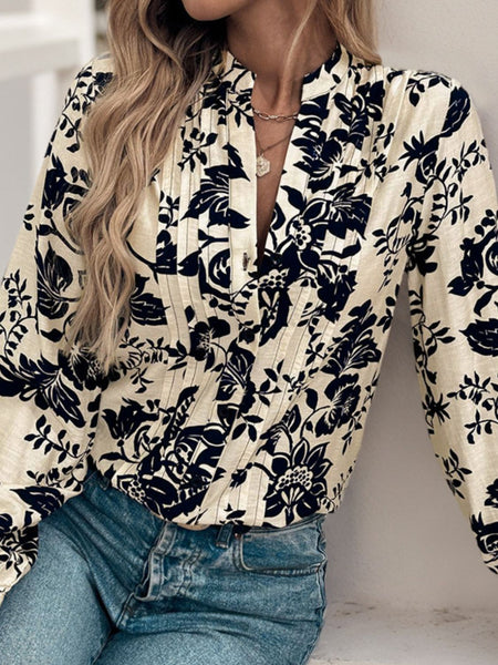 Printed Notched Long Sleeve Shirt