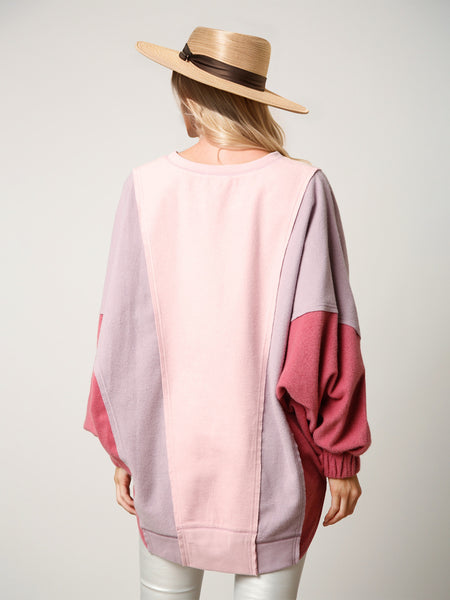 High-Low Contrast Notched Long Sleeve Sweatshirt