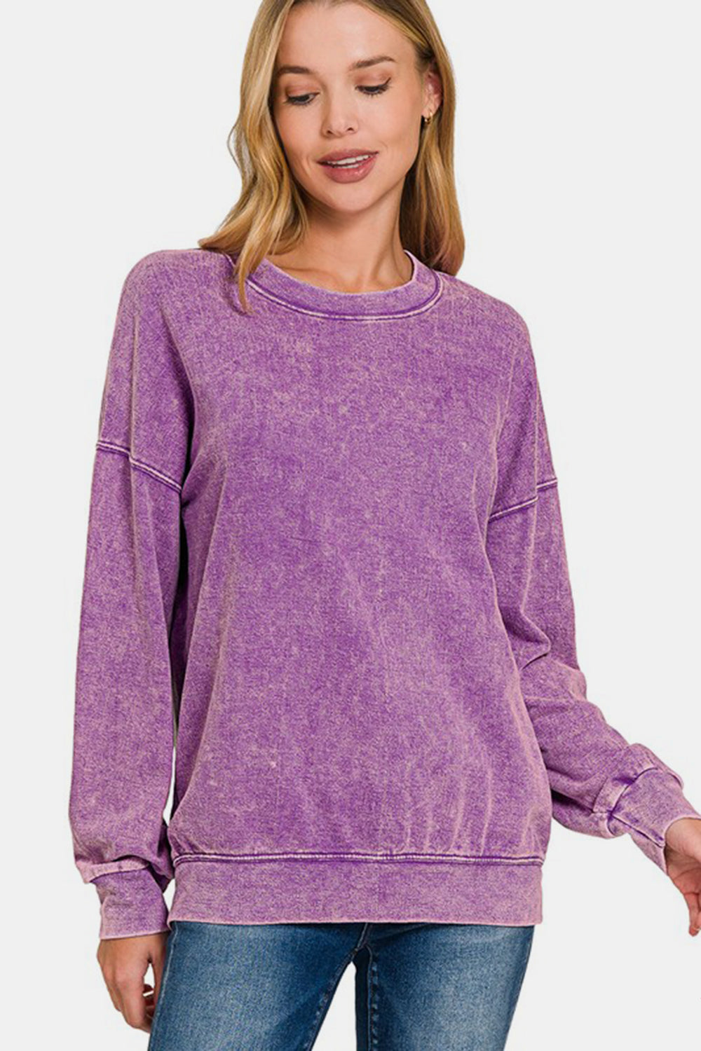 Washed Round Neck Dropped Shoulder Sweatshirt