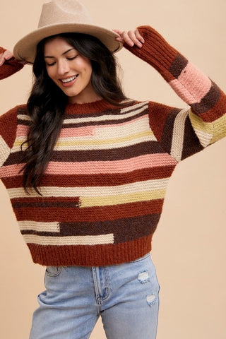 Wear Color Block Round Neck Long Sleeve Sweater