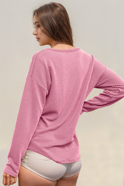 Striped Notched Long Sleeve T-Shirt