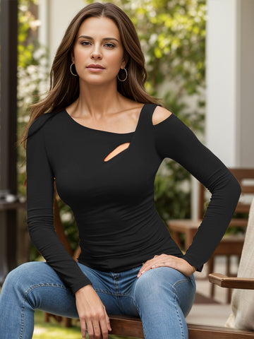 Cutout Asymmetrical Neck Long Sleeve T-Shirt