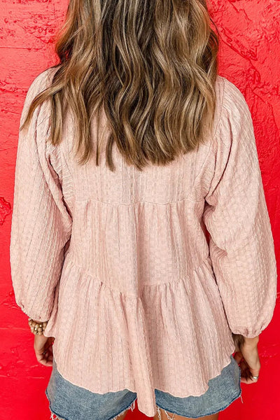 Textured Tie Neck Three-Quarter Sleeve Blouse