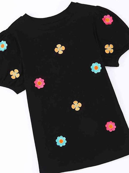 Embroidered Flower Round Neck Puff Sleeve Top