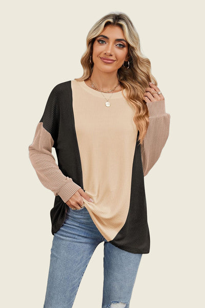 Texture Contrast Round Neck Long Sleeve T-Shirt