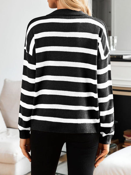 Many Striped Johnny Collar Long Sleeve Sweater