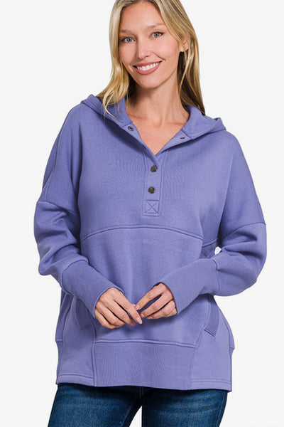 Half Snap Long Sleeve Hoodie with Kangaroo Pocket