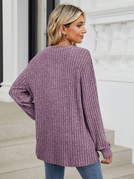 Ribbed Notched Long Sleeve T-Shirt