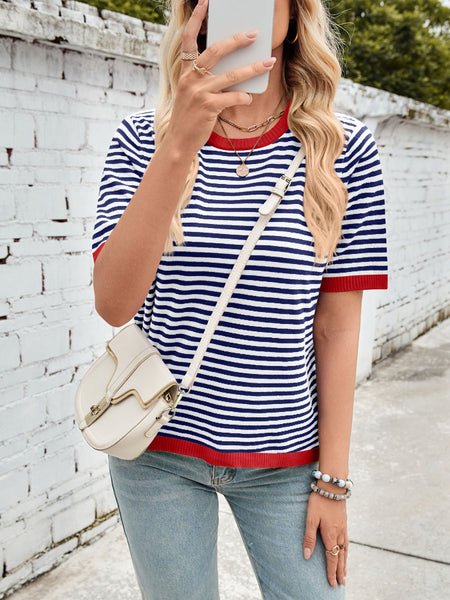 Striped Contrast Round Neck Half Sleeve Knit Top