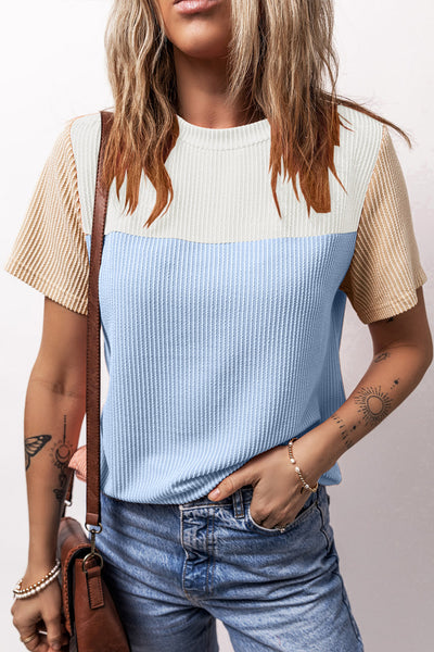 Color Block Round Neck Short Sleeve T-Shirt