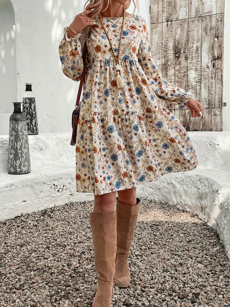 Tiered Floral Round Neck Long Sleeve Dress