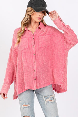 Frayed Hem Side Slit Button Down Shirt