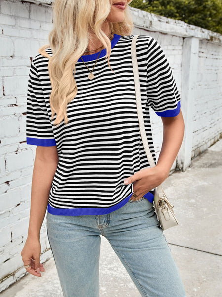 Striped Contrast Round Neck Half Sleeve Knit Top