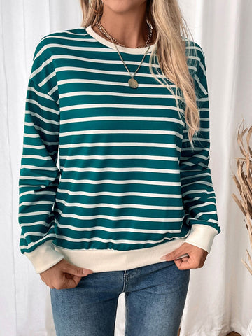 Striped Contrast Round Neck Long Sleeve Sweatshirt