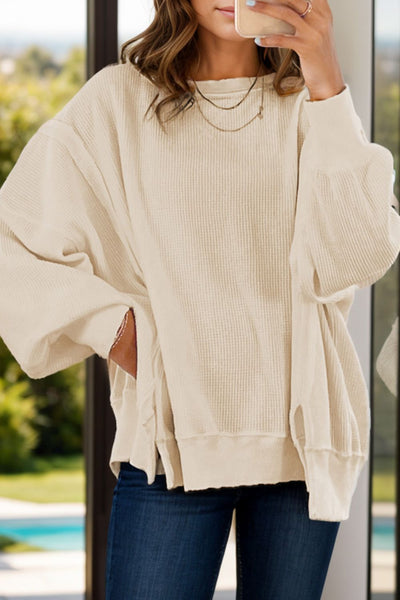 Slit Waffle-Knit Round Neck Long Sleeve