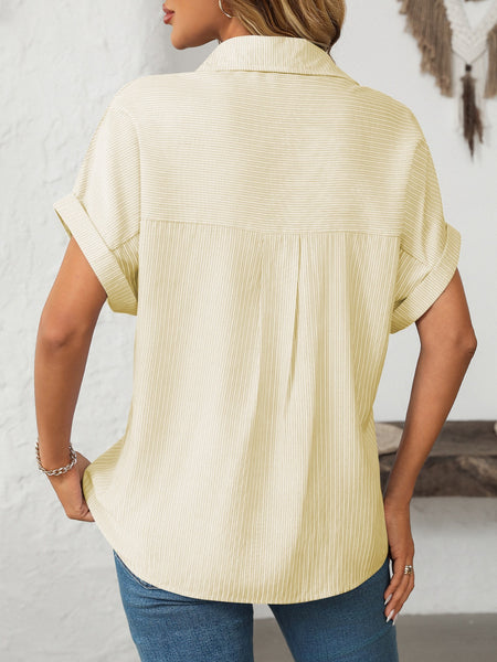 Pocketed Striped Collared Neck Short Sleeve Shirt