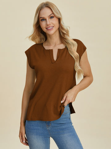 Notched Cap Sleeve Knit Top