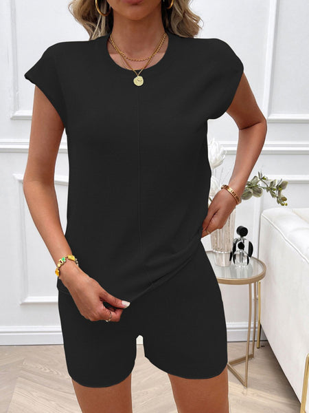 Round Neck Cap Sleeve Top and Shorts Sweater Set