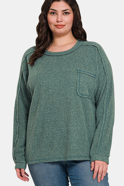 Contrast Stitching Brushed Ribbed Hacci Knit Top