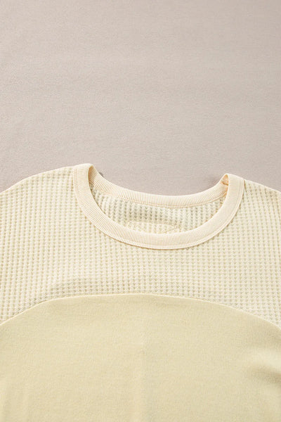 Waffle-Knit Round Neck Long Sleeve Top