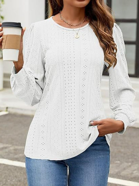 Eyelet Round Neck Long Sleeve Top