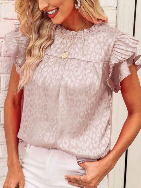 Leopard Frill Mock Neck Ruffled Cap Sleeve Top