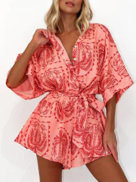 Printed Tie Waist Half Sleeve Romper