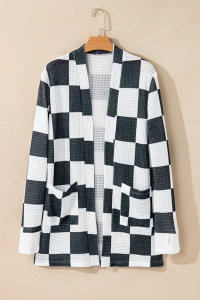 Checkered Open Front Long Sleeve Cover Up