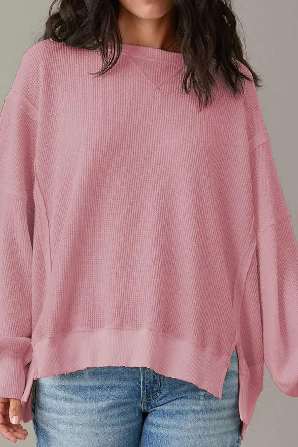 Slit Waffle-Knit Round Neck Long Sleeve