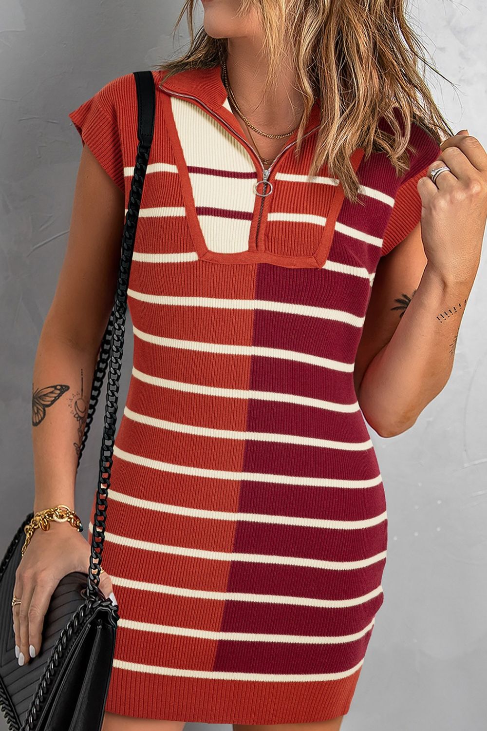 Striped Quarter Zip Cap Sleeve Sweater Dress