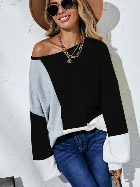 Angel Wings Color Block Balloon Sleeve Boat Neck Sweater