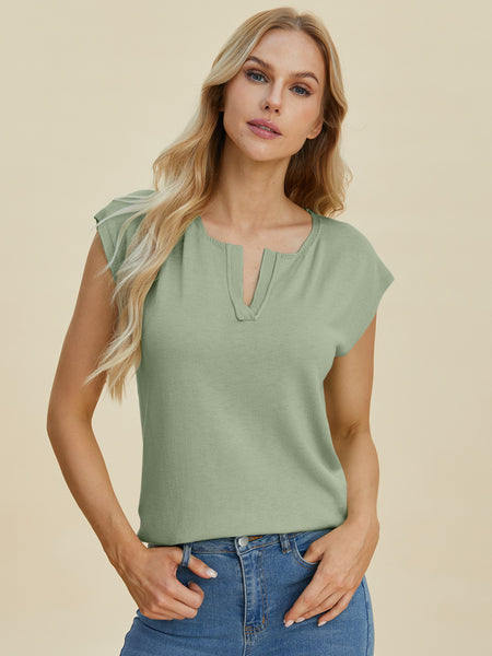 Notched Cap Sleeve Knit Top