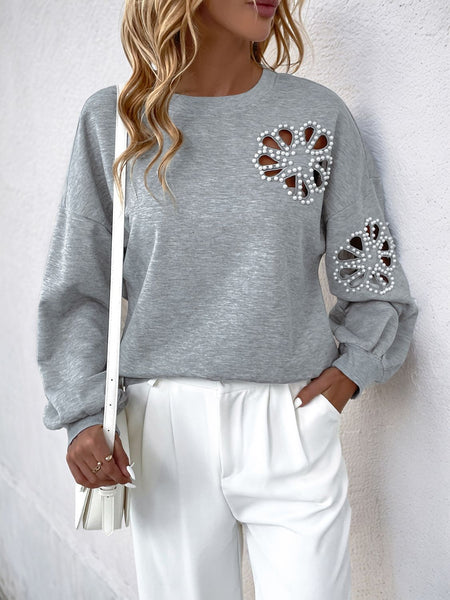 Cutout Pearl Round Neck Long Sleeve Sweatshirt