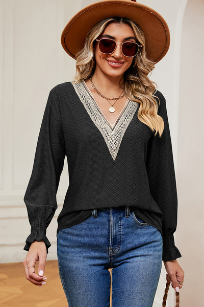 Eyelet V-Neck Flounce Sleeve T-Shirt