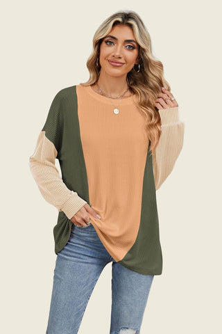 Texture Contrast Round Neck Long Sleeve T-Shirt