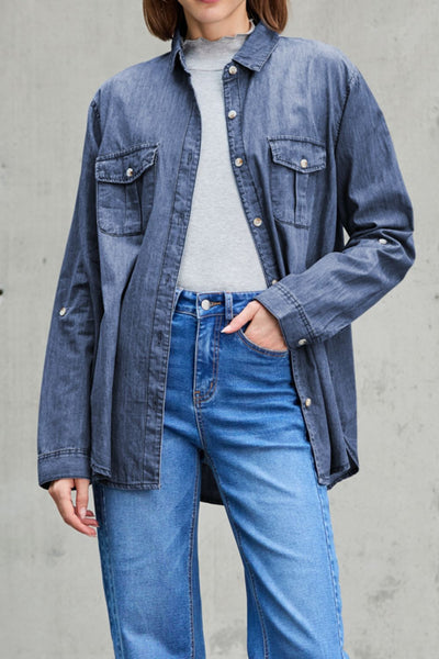 Pocketed Collared Neck Long Sleeve Denim Top